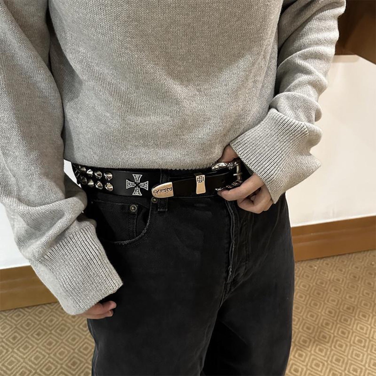 ERD Punk Double Stud Cross Vintage Cow Leather Belt Streetwear Unisex