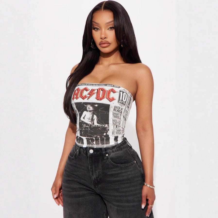 Vintage Figure Print Strapless Crop Tube Top Women