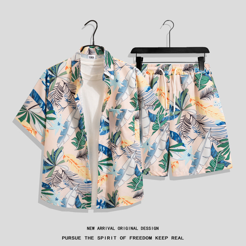 Ice Silk Quick Dry Couple Floral Loose Beach Shirt Shorts Set T3601-T3630