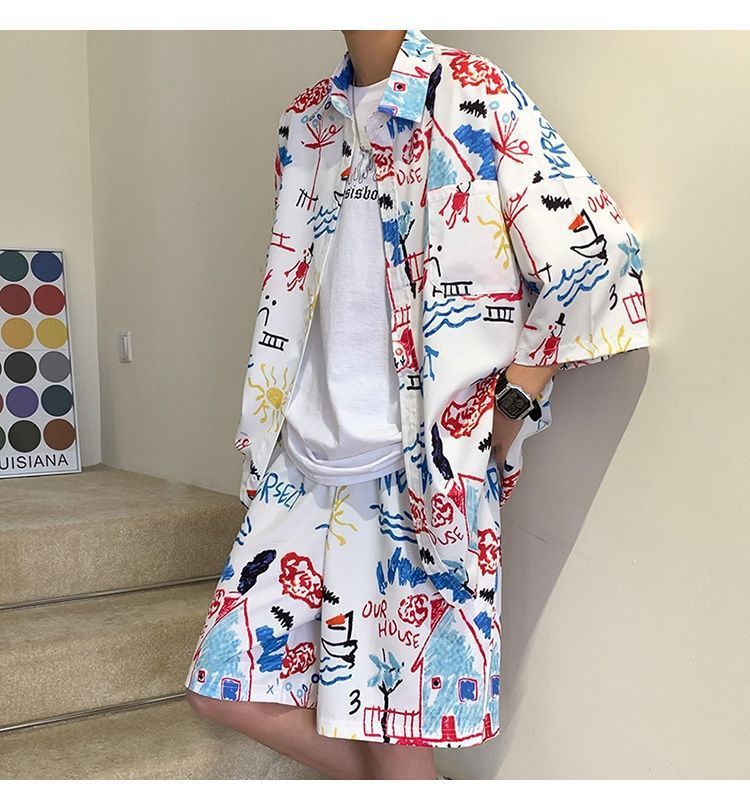 Couple Quick Dry Floral Loose Tropical Beach Shirt Shorts Set