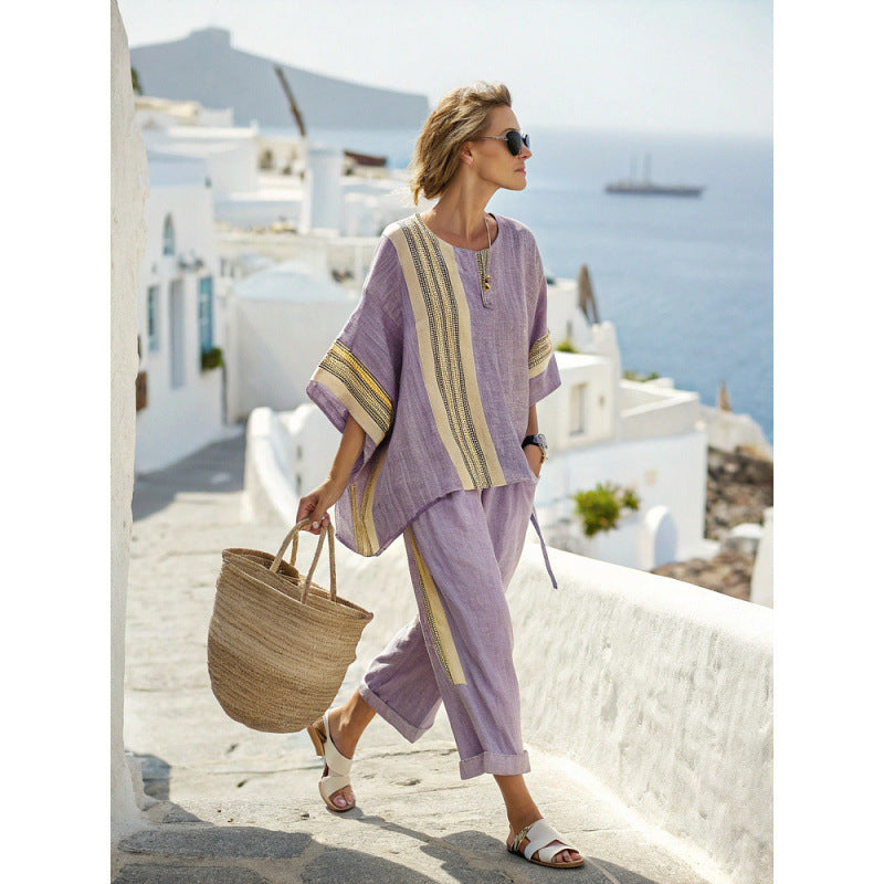 Women Boho Striped Plus Size Loose Kaftan Beach Set