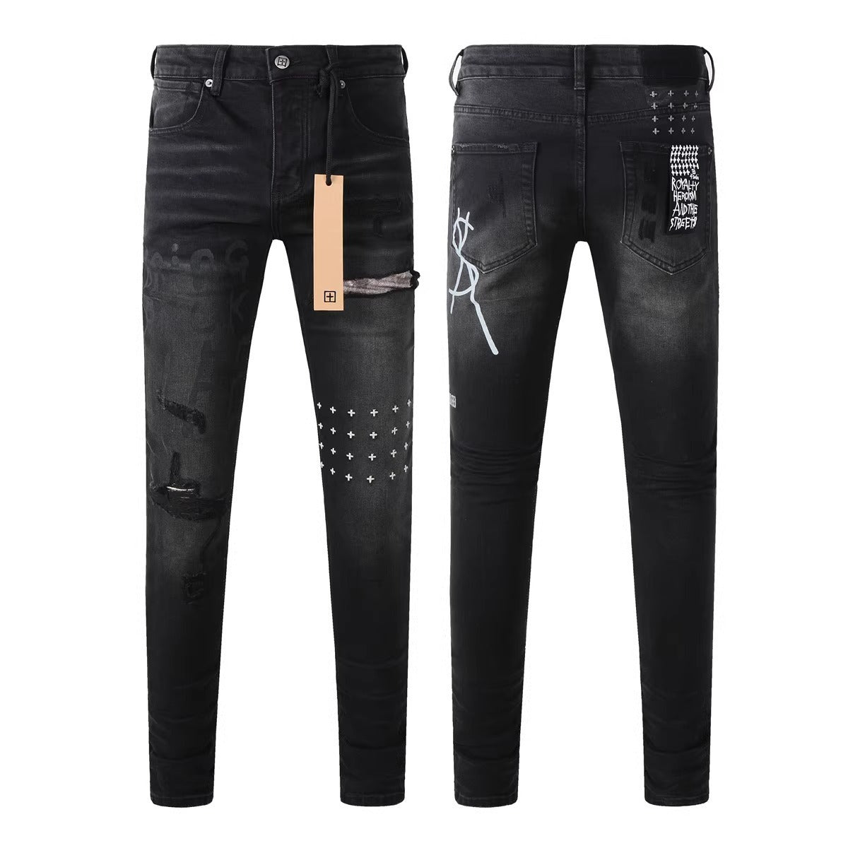 Purple Brand Men Stretch Skinny Ripped Printed Embroidered Denim Jeans