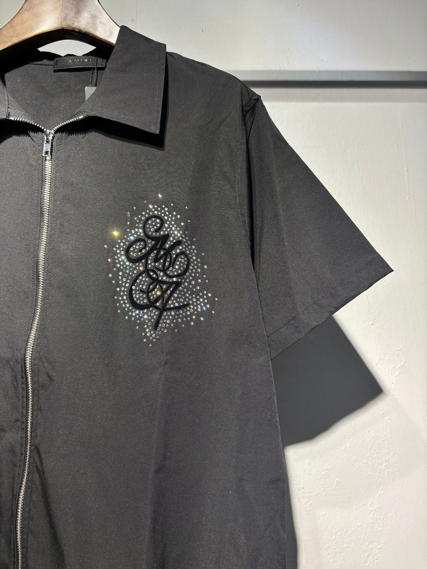 Amiri Rhinestone Letter Nylon Double Zip Short Sleeve Shirt Unisex