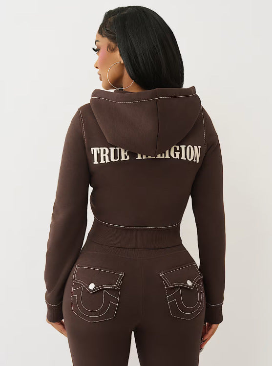 Y2K True Religion Contrast Stitch Embroidery Crop Hoodie 2 Piece Set