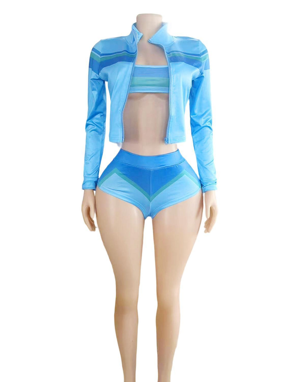 Y2K Color Block Zip Crop Jacket Bikini Short 3 Piece Set