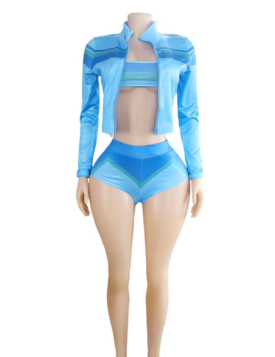 Y2K Color Block Zip Crop Jacket Bikini Short 3 Piece Set