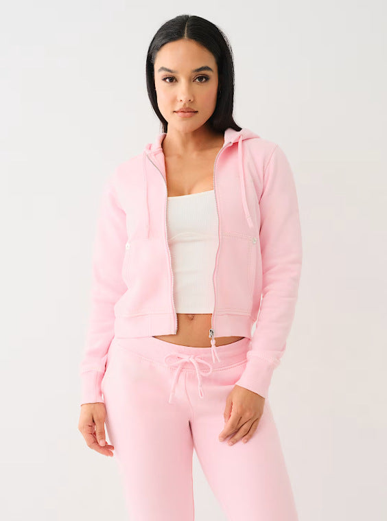 True Religion Vintage Stitch Zip Crop Hoodie Flare Pant Tracksuit Set