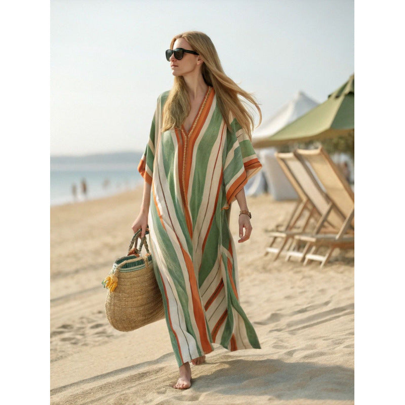 Women Boho Floral Border Print V Neck Loose Kaftan Maxi Beach Dress