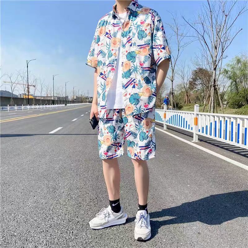 Couple Quick Dry Floral Loose Tropical Beach Shirt Shorts Set