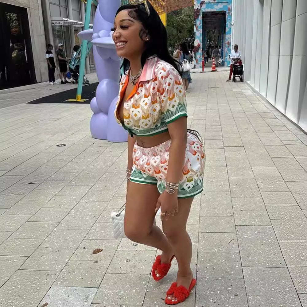 Casablanca Floral Print Short Sleeve Top Shorts 2 Piece Set Women
