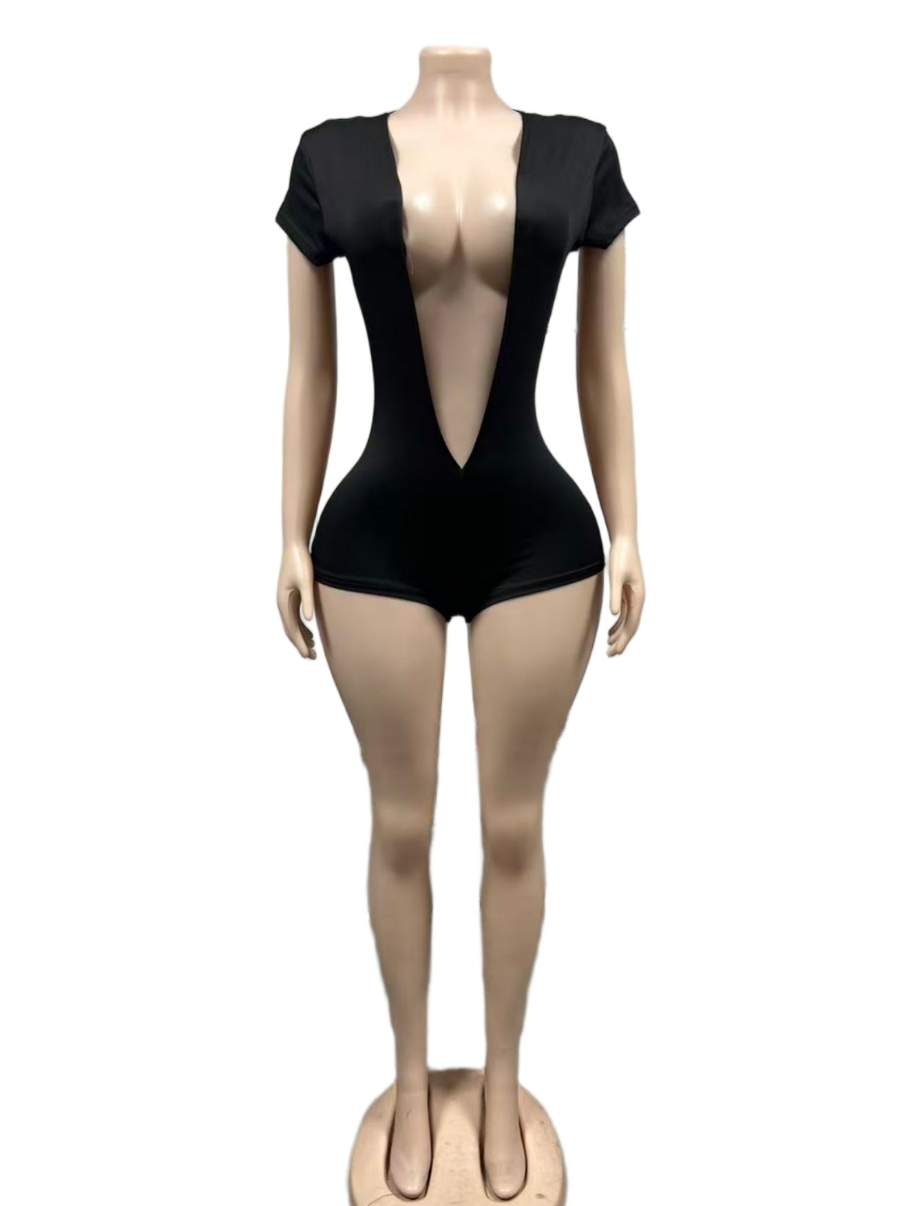 Solid Color Deep V Bodycon Romper Shorts Women Club Jumpsuit