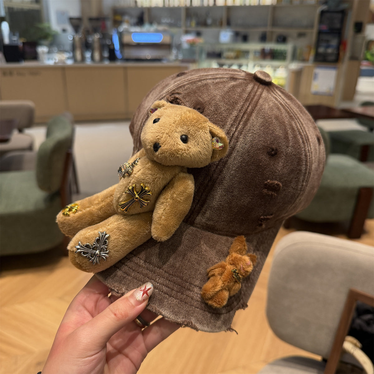 Vintage Washed Plush Bear Cross Rhinestone Baseball Cap Y2K Streetwear