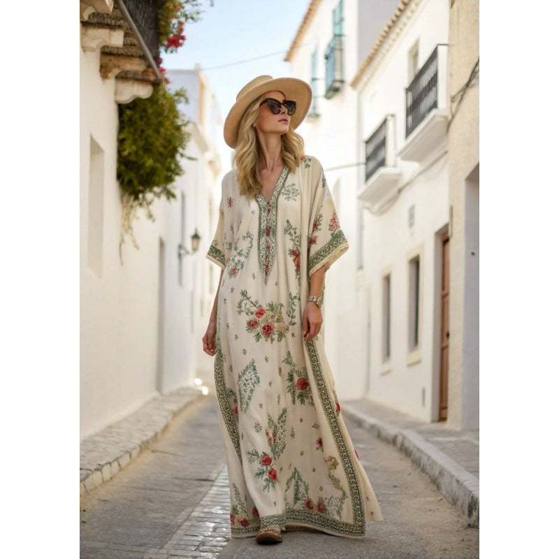 Women Boho Floral Border Print V Neck Loose Kaftan Maxi Beach Dress