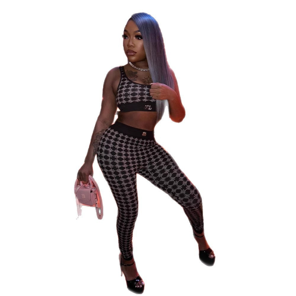 Amiri Geo Print Sleeveless Crop Top Leggings 2 Piece Set Women