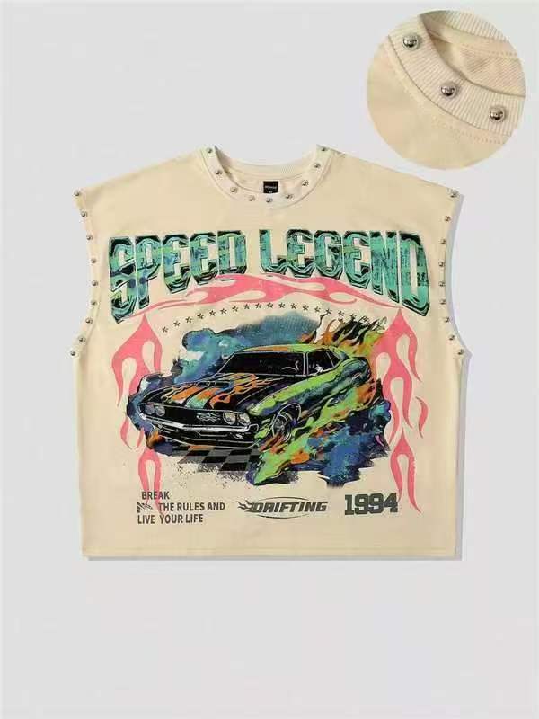 Vintage Multi Graphic Rivet Sleeveless Crop Tank Top