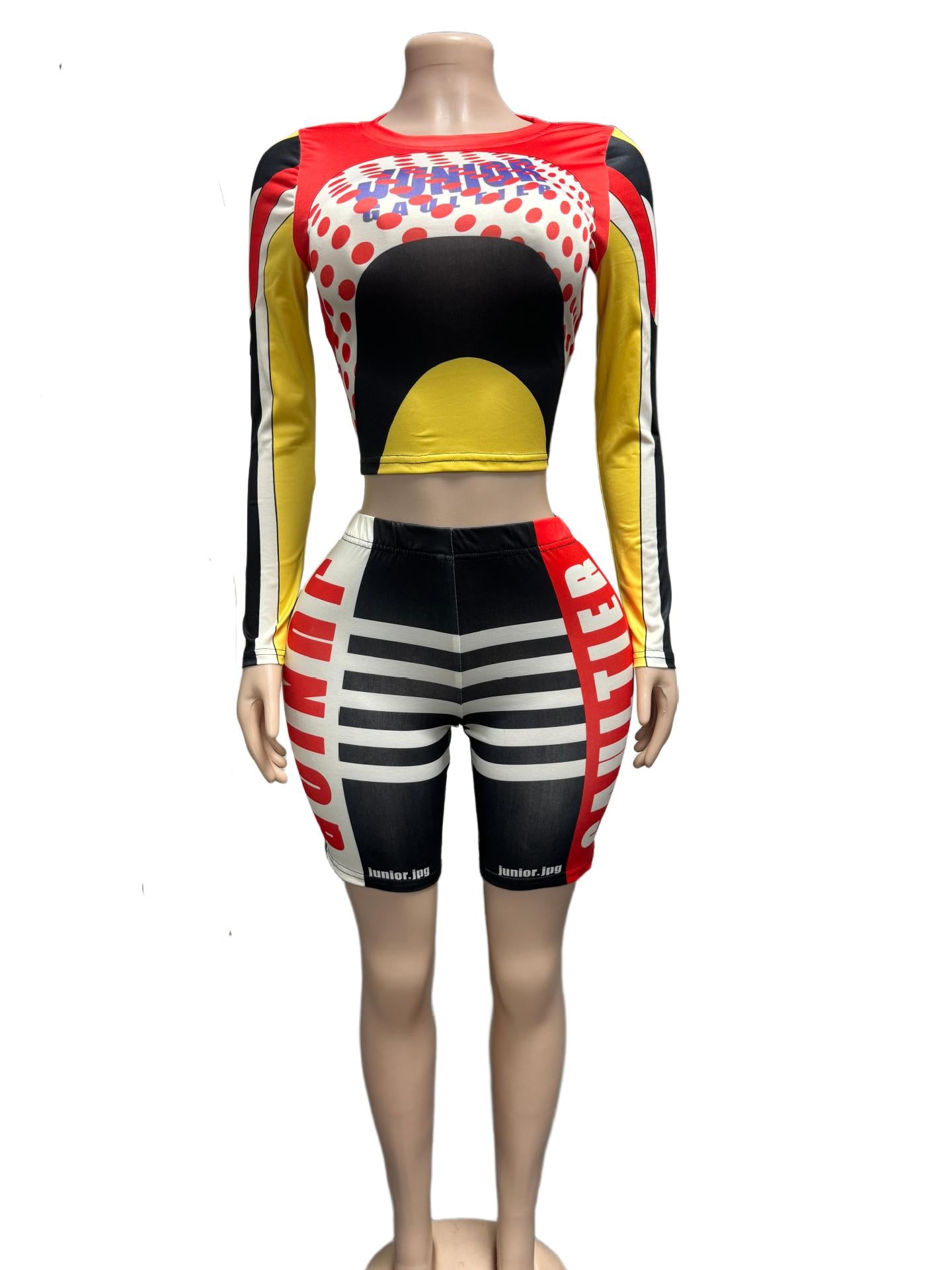 Color Block Letter Print Long Sleeve Crop Top Biker Shorts 2 Piece Set Women