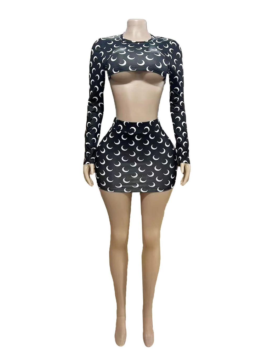 Marine Serre Moon Print Long Sleeve Crop Top Mini Skirt 2 Piece Set Women