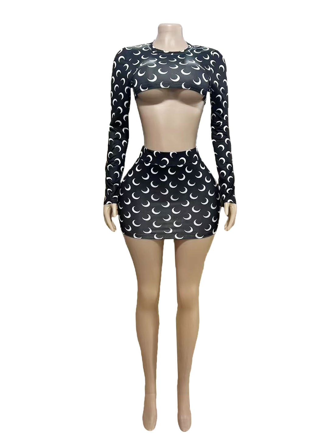 Marine Serre Moon Print Long Sleeve Crop Top Mini Skirt 2 Piece Set Women