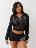 True Religion Graphic Zip Crop Hoodie Short Tracksuit Set