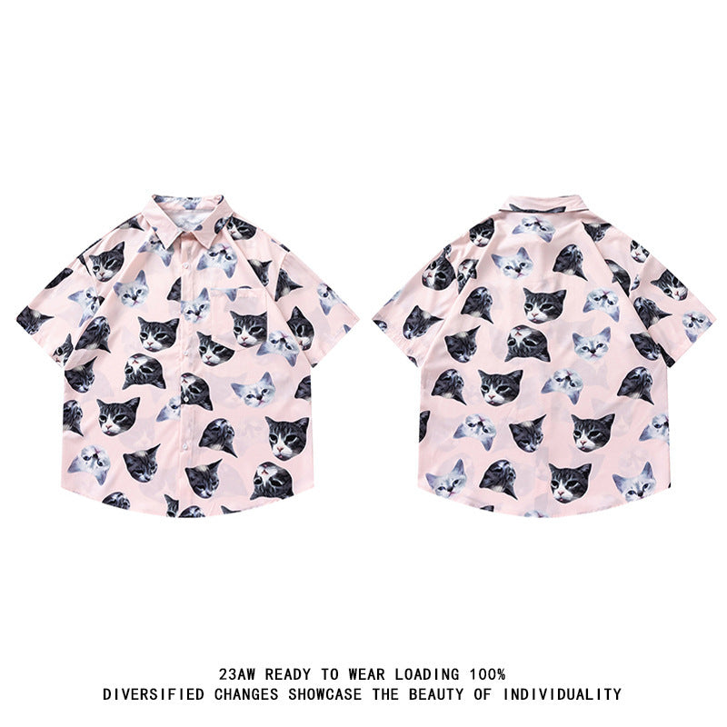 Collared Cat Print Open Front Tropical Short Sleeve Beach Shirt