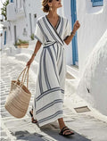Women Boho Vertical Striped V Neck Wrap Loose Beach Maxi Dress
