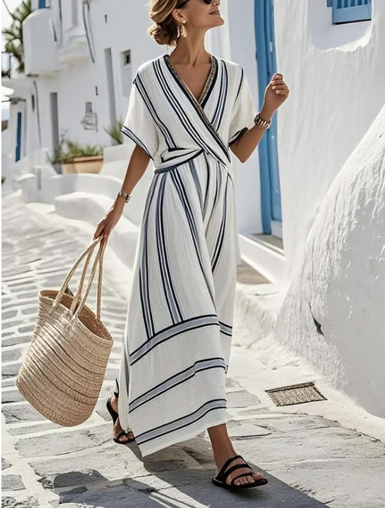 Women Boho Vertical Striped V Neck Wrap Loose Beach Maxi Dress