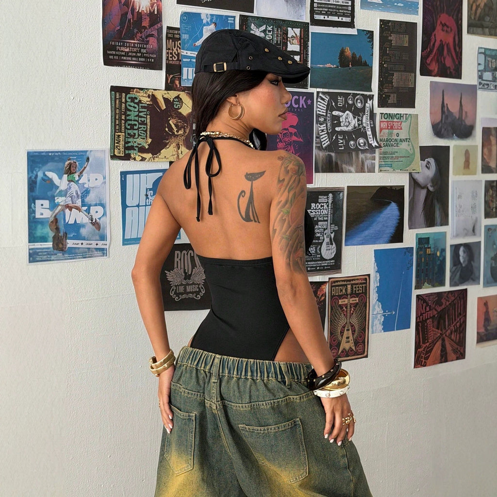 Y2K Halter Deep V Lace Up Front Sleeveless Bodysuit Women