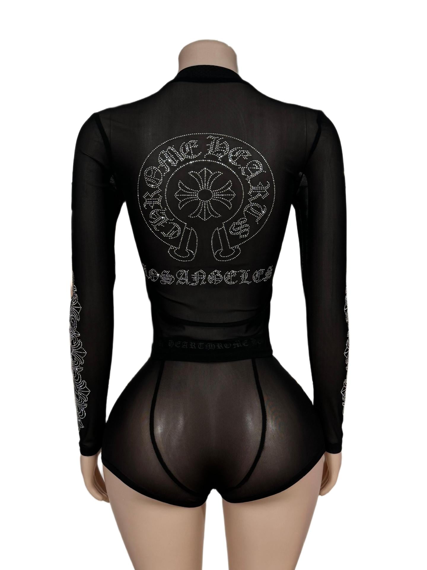 Chrome Hearts Black Mesh Horseshoe Rhinestone Sheer 2 Piece Set