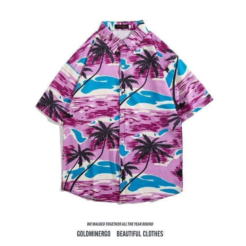 Mens Vintage Cartoon Tropical Print Short Sleeve Beach Shirt