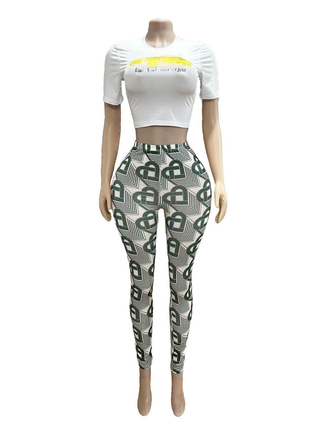 Geometric Print Short Sleeve Crop Top Skinny Pants 2 Piece Set Women