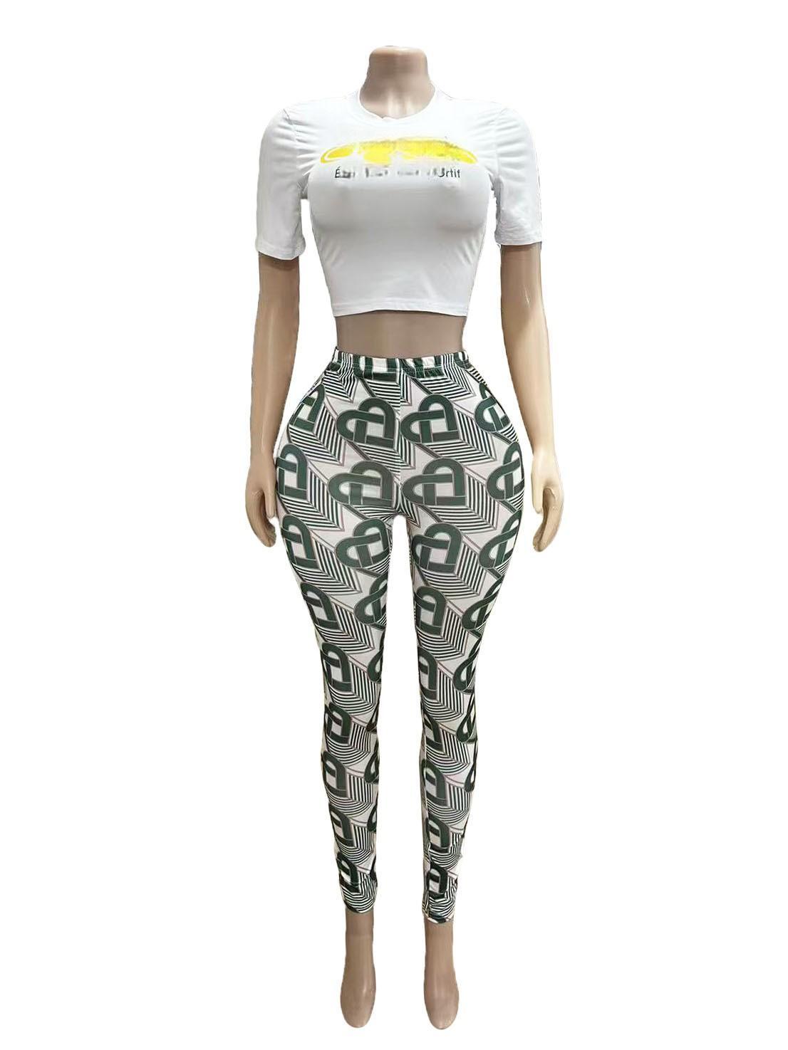 Geometric Print Short Sleeve Crop Top Skinny Pants 2 Piece Set Women