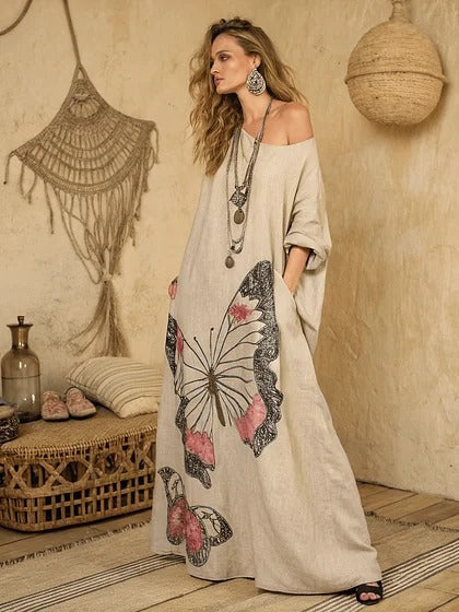 Women Boho Diagonal Striped Off Shoulder Loose Kaftan Maxi Beach Dress
