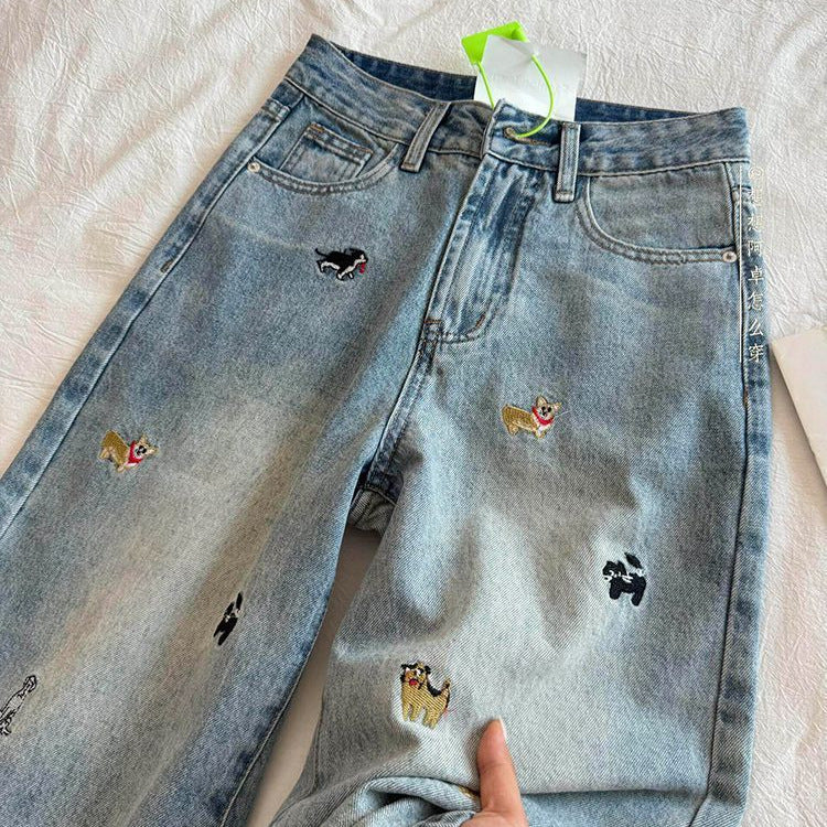 Vintage Dog Embroidered Capri Denim Shorts Loose Wide Leg Jeans