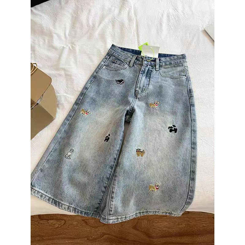 Vintage Dog Embroidered Capri Denim Shorts Loose Wide Leg Jeans