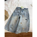 Vintage Dog Embroidered Capri Denim Shorts Loose Wide Leg Jeans