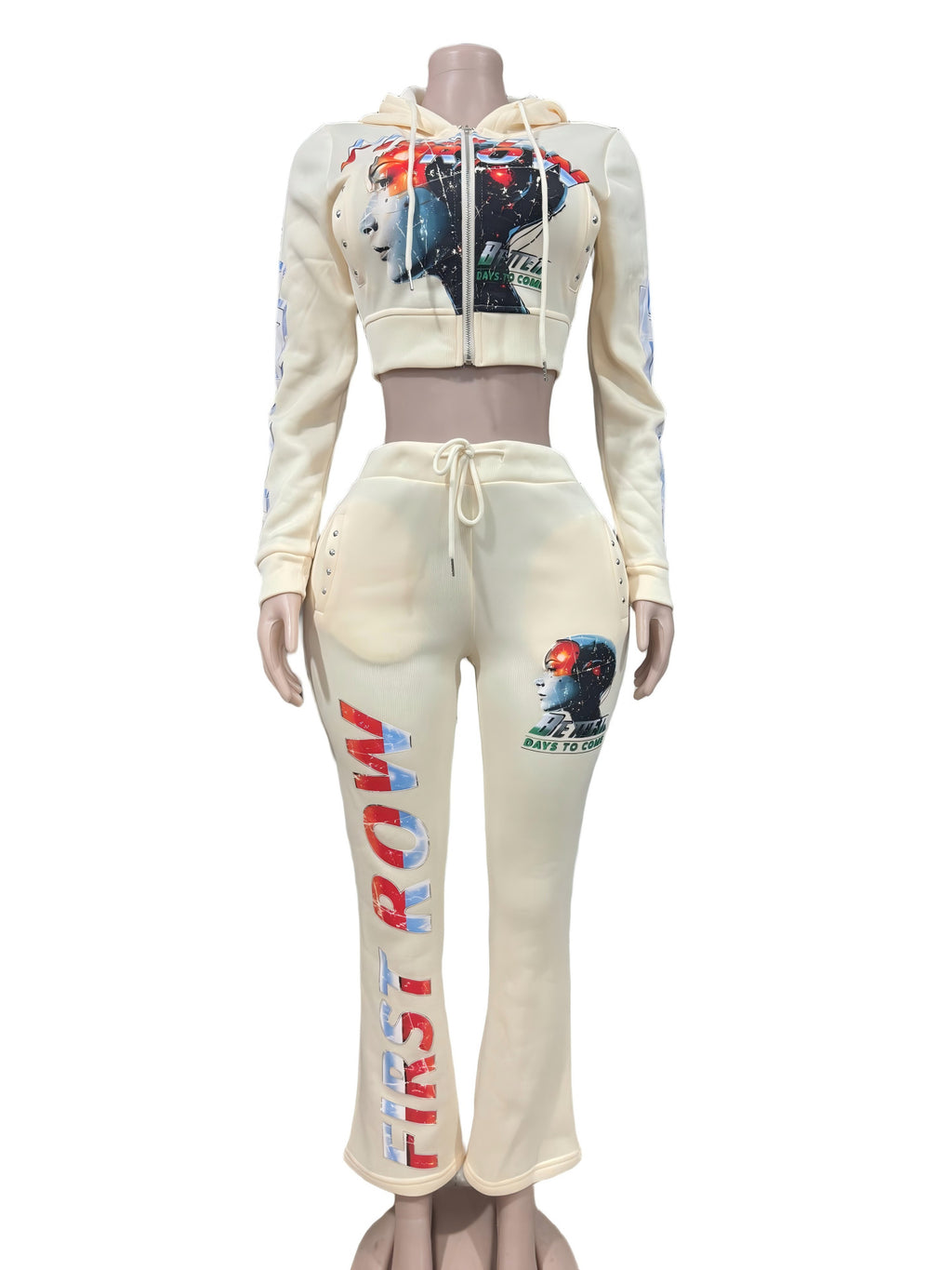 First Row Post Human New Born Zip Crop Hoodie Flare Jogger 2 Piece Set Women