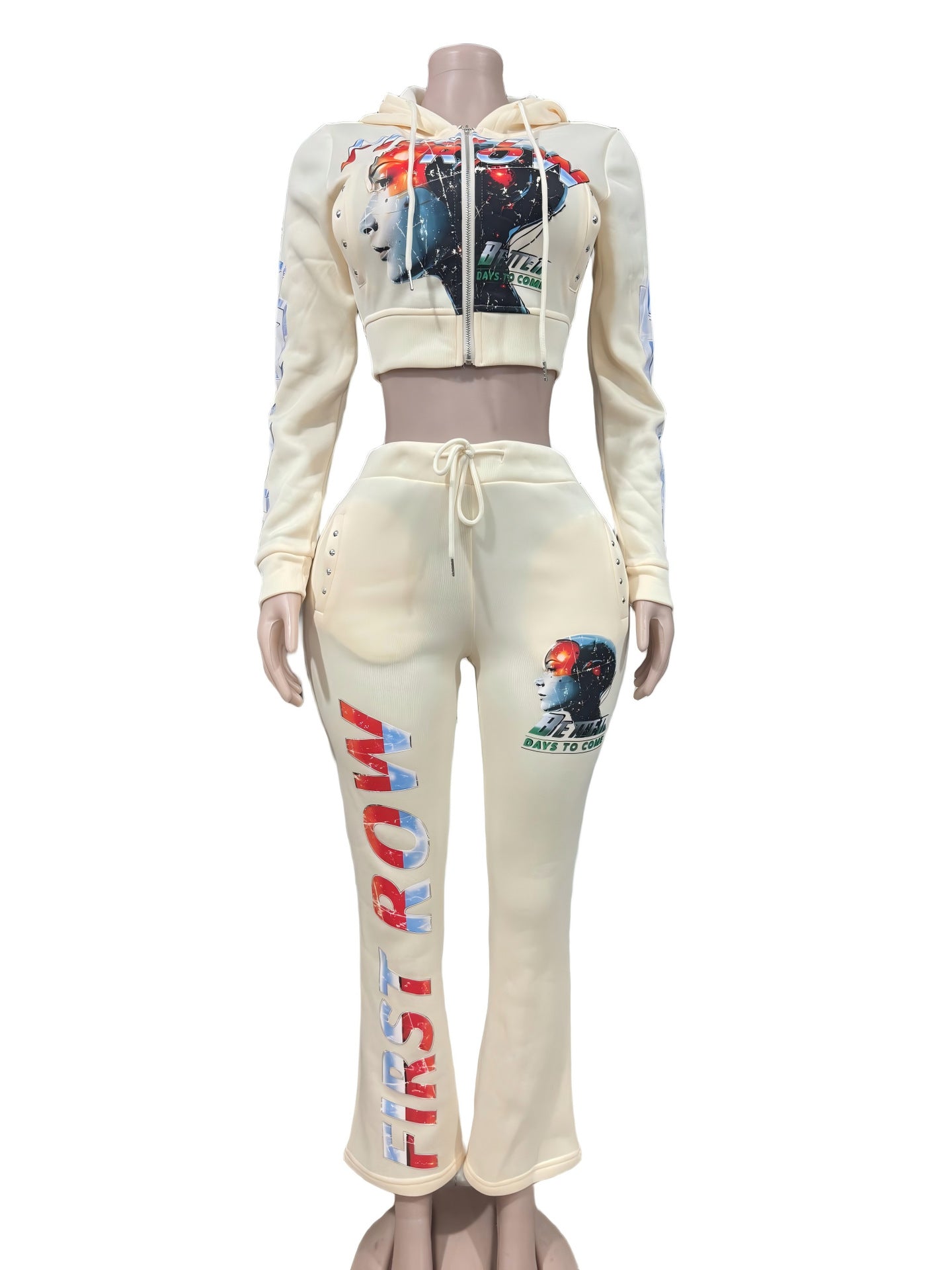 First Row Post Human New Born Zip Crop Hoodie Flare Jogger 2 Piece Set Women