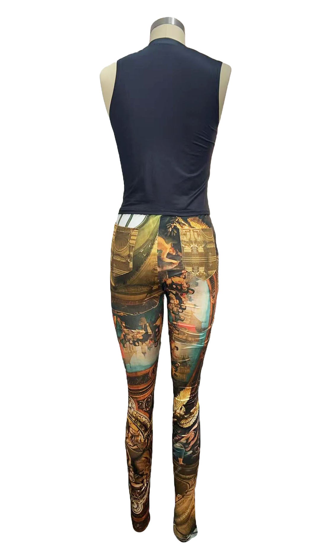 Vintage Oil Painting Print Sleeveless Crop Top Leggings 2 Piece Set