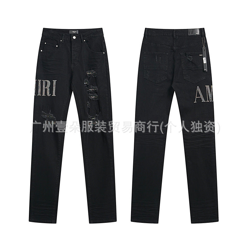 Amiri Letter Embroidery Distressed Stretch Slim Fit Denim Jeans Unisex