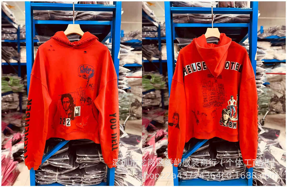 Paly Hollywood Cartoon Letter Hoodie Vintage Wash Graphic Streetwear
