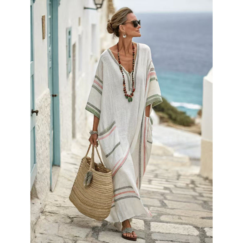 Women Boho Striped Embroidery V Neck Loose Kaftan Maxi Beach Dress