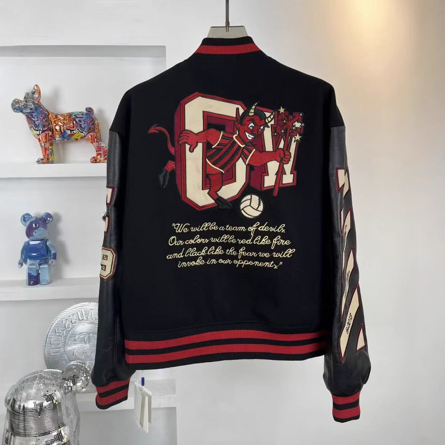 Off White Cartoon Devil Graphic Varsity Jacket Unisex