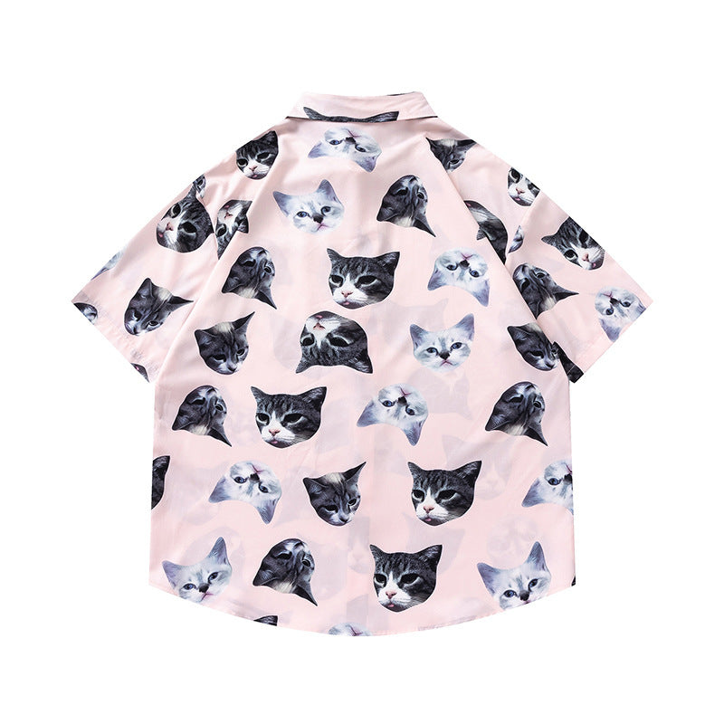 Collared Cat Print Open Front Tropical Short Sleeve Beach Shirt