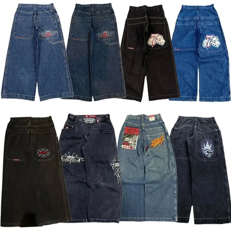 JNCO Style Y2K Embroidered Baggy Wide Leg Denim Jeans Unisex Streetwear Pants