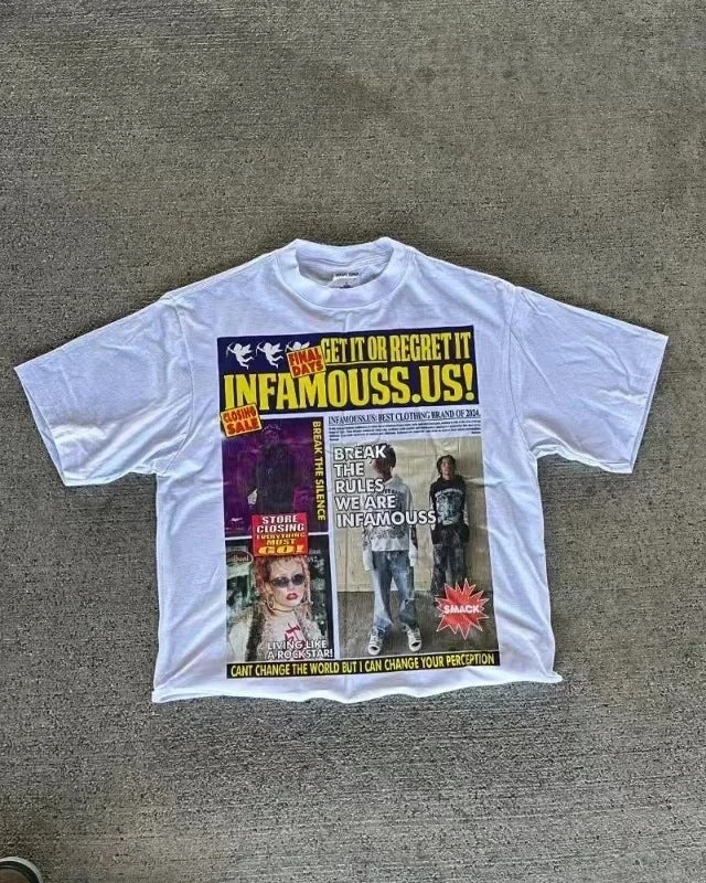 Ukiyo Infamouss Style Vintage Zeitungs-Grafik Oversized Baumwoll-T-Shirt