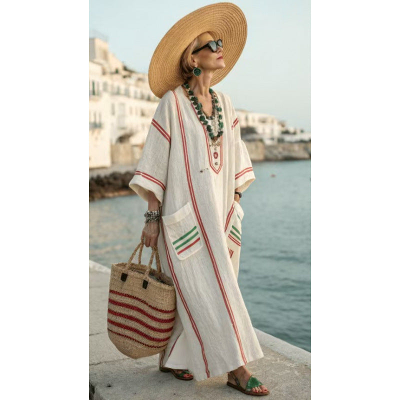 Women Boho Striped Embroidery V Neck Loose Kaftan Maxi Beach Dress