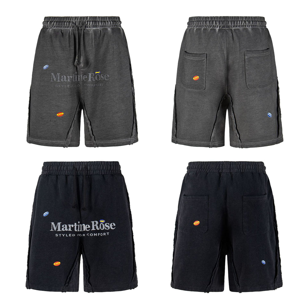 Washed Vintage Letter Print Raw Edge Streetwear Drawstring Sweat Shorts