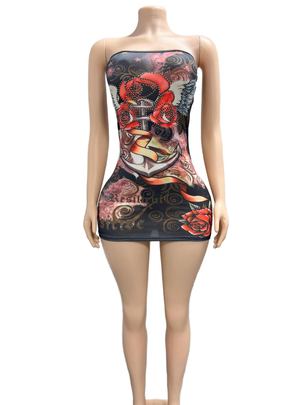 Vintage Tattoo Graphic Print Strapless Bodycon Mini Dress Women