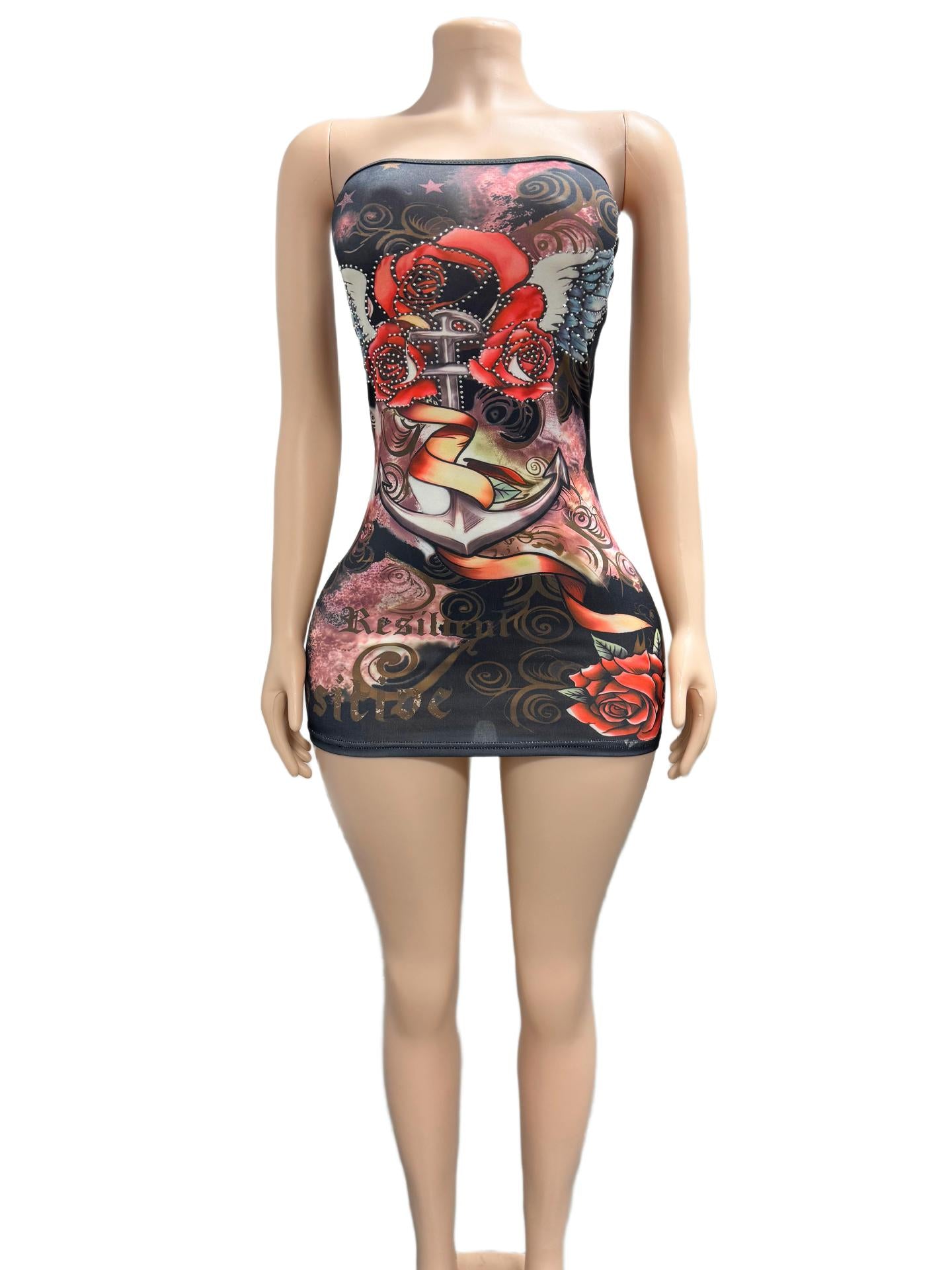 Vintage Tattoo Graphic Print Strapless Bodycon Mini Dress Women