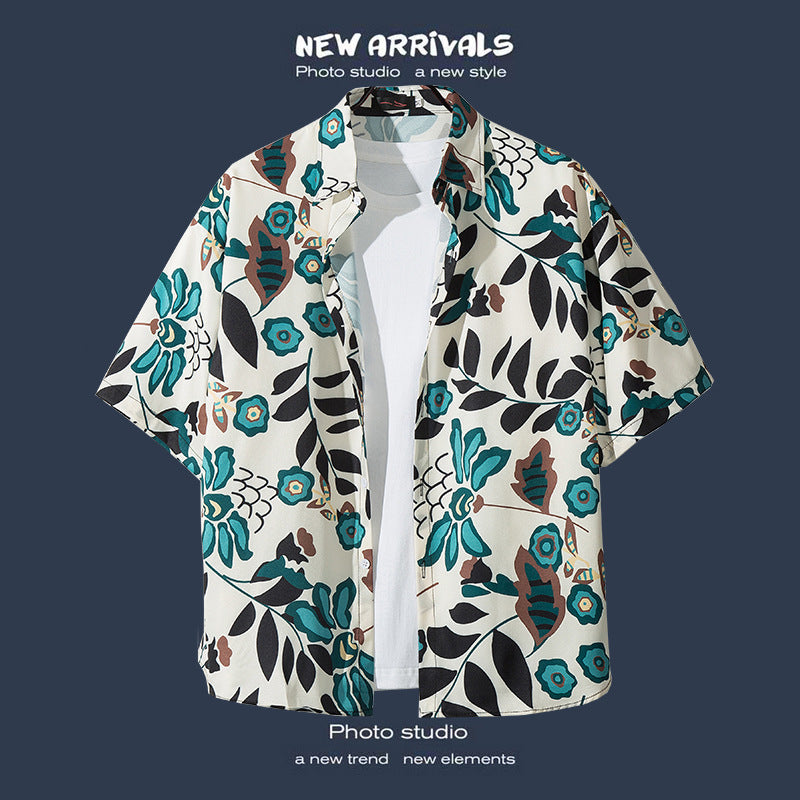 Mens Vintage Tropical Hawaiian Floral Loose Short Sleeve Beach Shirt